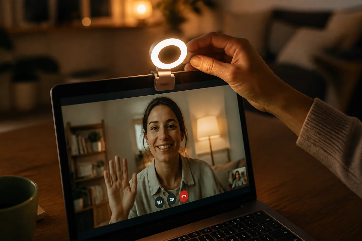 A ring light beside a laptop webcam during a video call, lighting the face without software filters
