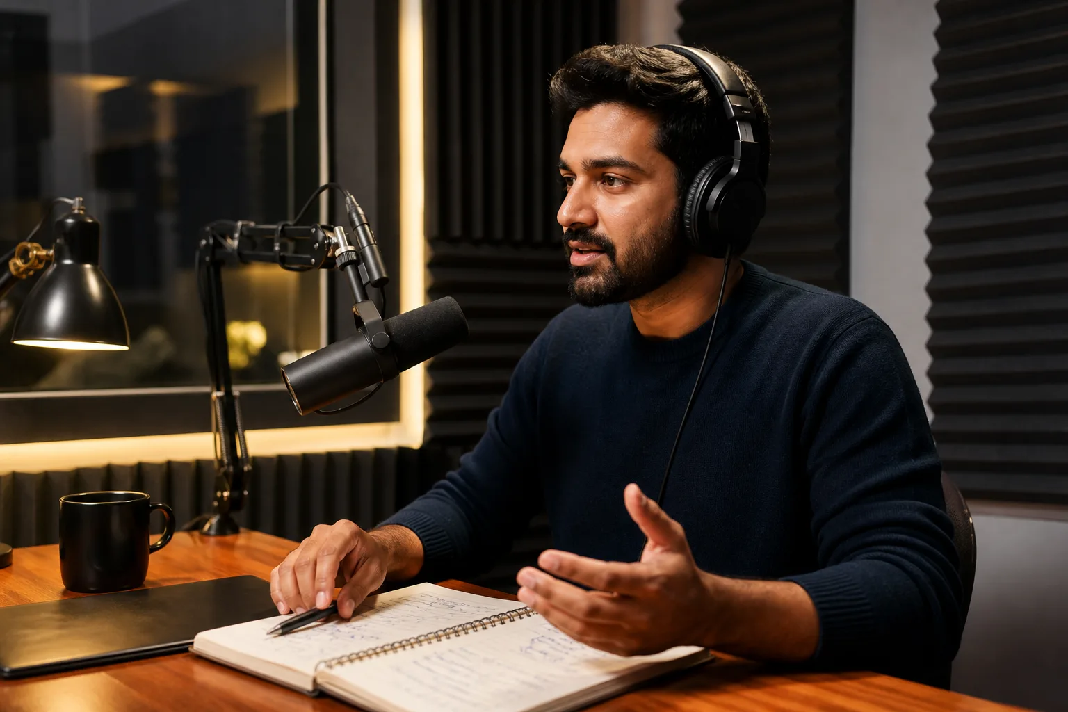 A founder rehearsing a podcast guest pitch with printed notes beside a studio waveform