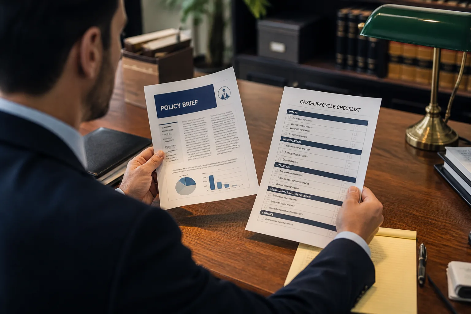 A researcher comparing a knowledge-management brief bank with a practice-management checklist