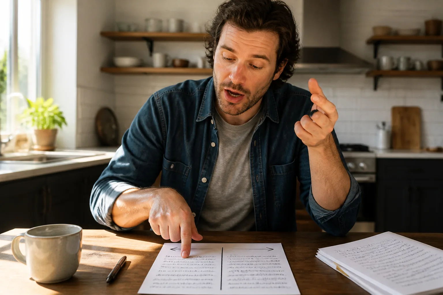 A writer testing a sentence aloud with a two-column he-versus-him worksheet